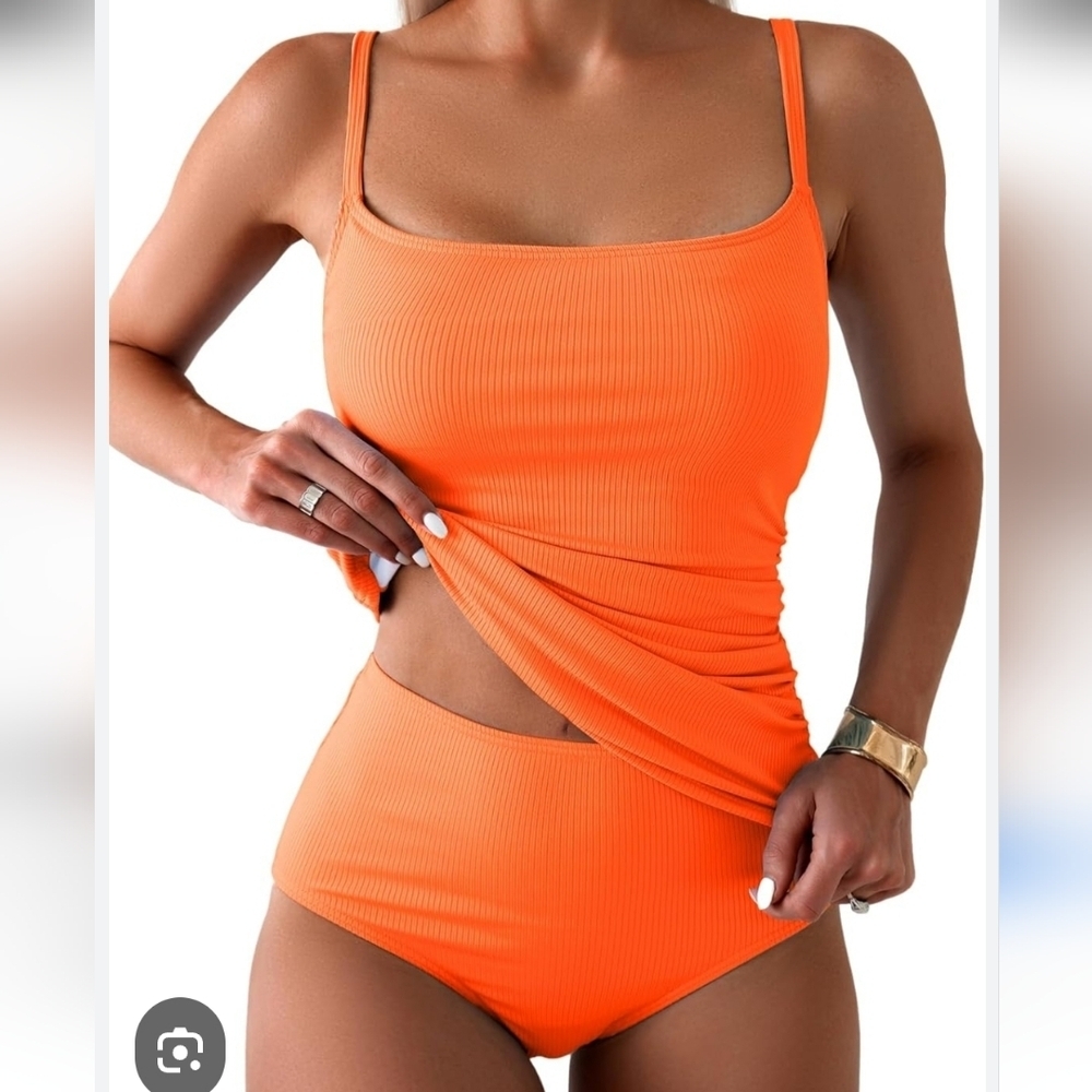 Eomenie Bright Orange Ribbed Tankini With Tummy Control. NWT Sz L